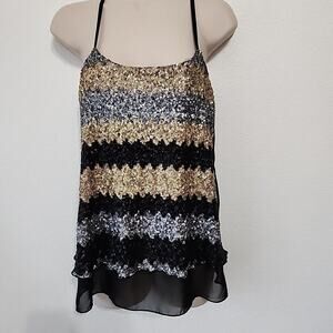 Daytrip S Sequin Tank Top Silver Gold Black Sheer Layered Y2K NYE Party Bling
